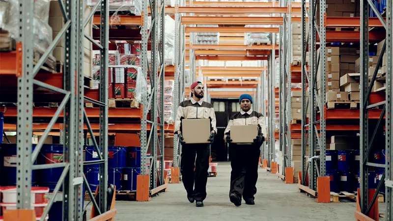 Warehouse staff carrying boxes between racking, standing for logistics and trading companies and cross border VAT